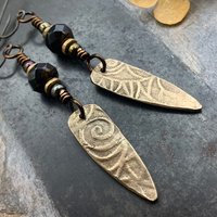 Bronze Dagger Earrings, Tribal Spiral Texture, Czech Glass Beads, Hypoallergenic Ear Wires, Light Dangle Earrings, Teardrop Shield, Handmade