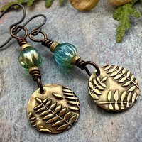 Fern Bronze Earrings, Light Dangle Earrings, Earthy Czech Glass Beads, Hypoallergenic Ear Wires, Botanical Green Witch, Soul Harbor Jewelry