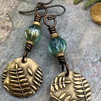 Fern Bronze Earrings, Light Dangle Earrings, Earthy Czech Glass Beads, Hypoallergenic Ear Wires, Botanical Green Witch, Soul Harbor Jewelry