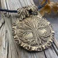 Celtic Tree of Life, Bronze Pendant, Irish Celtic Spirals, Round Tree of Life, Crann Bethadh, Hand Carved, Green Witch, Leather & Vegan Cord