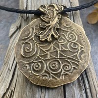 Celtic Tree of Life, Bronze Pendant, Irish Celtic Spirals, Round Tree of Life, Crann Bethadh, Hand Carved, Green Witch, Leather & Vegan Cord