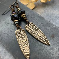 Bronze Dagger Earrings, Tribal Spiral Texture, Czech Glass Beads, Hypoallergenic Ear Wires, Light Dangle Earrings, Teardrop Shield, Handmade