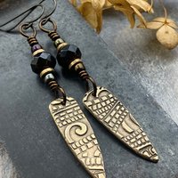 Bronze Dagger Earrings, Tribal Spiral Texture, Czech Glass Beads, Hypoallergenic Ear Wires, Light Dangle Earrings, Teardrop Shield, Handmade