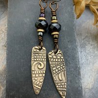 Bronze Dagger Earrings, Tribal Spiral Texture, Czech Glass Beads, Hypoallergenic Ear Wires, Light Dangle Earrings, Teardrop Shield, Handmade