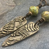 Fern Bronze Earrings, Teardrop Shield, Botanical Earthy, Green Witch, Hypoallergenic Ear Wires, Green Czech Glass, Handmade Art Jewelry