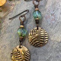 Fern Bronze Earrings, Light Dangle Earrings, Earthy Czech Glass Beads, Hypoallergenic Ear Wires, Botanical Green Witch, Soul Harbor Jewelry