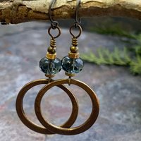 Bronze Hoop Earrings, Midnight Blue Czech Glass, Hypoallergenic Ear Wires, Earthy Boho Jewelry, Light Dangly Hoops, Every Day Earrings