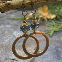 Bronze Hoop Earrings, Midnight Blue Czech Glass, Hypoallergenic Ear Wires, Earthy Boho Jewelry, Light Dangly Hoops, Every Day Earrings