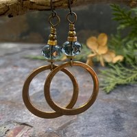 Bronze Hoop Earrings, Midnight Blue Czech Glass, Hypoallergenic Ear Wires, Earthy Boho Jewelry, Light Dangly Hoops, Every Day Earrings