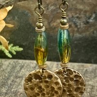 Bronze Disc Earrings, Czech Glass Beads, Hypoallergenic Ear Wires, Earthy Tribal, Boho Chic Style, Dangle Discs, Handmade Metal Jewelry
