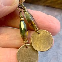 Bronze Disc Earrings, Czech Glass Beads, Hypoallergenic Ear Wires, Earthy Tribal, Boho Chic Style, Dangle Discs, Handmade Metal Jewelry