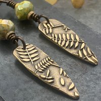 Fern Bronze Earrings, Teardrop Shield, Botanical Earthy, Green Witch, Hypoallergenic Ear Wires, Green Czech Glass, Handmade Art Jewelry