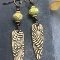 Fern Bronze Earrings, Teardrop Shield, Botanical Earthy, Green Witch, Hypoallergenic Ear Wires, Green Czech Glass, Handmade Art Jewelry