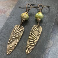Fern Bronze Earrings, Teardrop Shield, Botanical Earthy, Green Witch, Hypoallergenic Ear Wires, Green Czech Glass, Handmade Art Jewelry