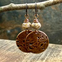 Copper Disc Earrings, Czech Glass Beads, Hypoallergenic Ear Wires, Earthy Tribal, Boho Chic Style, Dangle Discs, Handmade Metal Jewelry