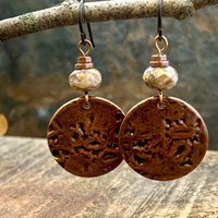 Copper Disc Earrings, Czech Glass Beads, Hypoallergenic Ear Wires, Earthy Tribal, Boho Chic Style, Dangle Discs, Handmade Metal Jewelry