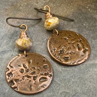 Copper Disc Earrings, Czech Glass Beads, Hypoallergenic Ear Wires, Earthy Tribal, Boho Chic Style, Dangle Discs, Handmade Metal Jewelry