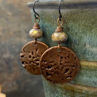 Copper Disc Earrings, Czech Glass Beads, Hypoallergenic Ear Wires, Earthy Tribal, Boho Chic Style, Dangle Discs, Handmade Metal Jewelry