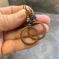 Bronze Hoop Earrings, Midnight Blue Czech Glass, Hypoallergenic Ear Wires, Earthy Boho Jewelry, Light Dangly Hoops, Every Day Earrings