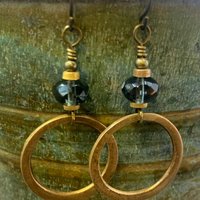 Bronze Hoop Earrings, Midnight Blue Czech Glass, Hypoallergenic Ear Wires, Earthy Boho Jewelry, Light Dangly Hoops, Every Day Earrings