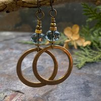 Bronze Hoop Earrings, Midnight Blue Czech Glass, Hypoallergenic Ear Wires, Earthy Boho Jewelry, Light Dangly Hoops, Every Day Earrings