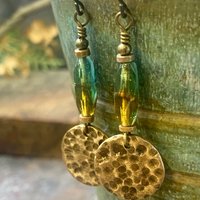 Bronze Disc Earrings, Czech Glass Beads, Hypoallergenic Ear Wires, Earthy Tribal, Boho Chic Style, Dangle Discs, Handmade Metal Jewelry