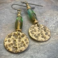 Bronze Disc Earrings, Czech Glass Beads, Hypoallergenic Ear Wires, Earthy Tribal, Boho Chic Style, Dangle Discs, Handmade Metal Jewelry