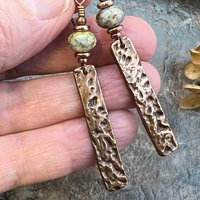 Copper Textured Earrings, Czech Glass Beads, Hypoallergenic Ear Wires, Earthy Rustic, Light Long Skinny Earrings, Boho Earthy Style