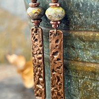 Copper Textured Earrings, Czech Glass Beads, Hypoallergenic Ear Wires, Earthy Rustic, Light Long Skinny Earrings, Boho Earthy Style