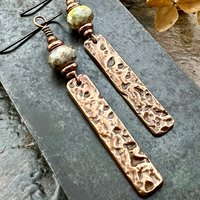 Copper Textured Earrings, Czech Glass Beads, Hypoallergenic Ear Wires, Earthy Rustic, Light Long Skinny Earrings, Boho Earthy Style