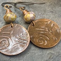 Copper Disc Earrings, Czech Glass Beads, Hypoallergenic Ear Wires, Earthy Tribal, Boho Chic Style, Dangle Discs, Handmade Metal Jewelry