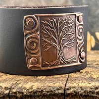 Tree of Life, Copper & Leather Cuff Bracelet, Unisex Jewelry, Hand Carved, Brown Leather Adjustable Cuff, Size 6.75-8, Earthy Rustic Jewelry