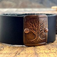 Tree of Life, Copper & Leather Cuff Bracelet, Unisex Jewelry, Hand Carved, Black Leather Adjustable Cuff, Size 6.75-8, Earthy Rustic Jewelry