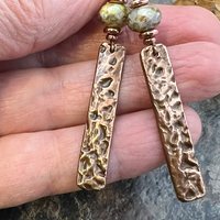 Copper Textured Earrings, Czech Glass Beads, Hypoallergenic Ear Wires, Earthy Rustic, Light Long Skinny Earrings, Boho Earthy Style