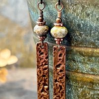 Copper Textured Earrings, Czech Glass Beads, Hypoallergenic Ear Wires, Earthy Rustic, Light Long Skinny Earrings, Boho Earthy Style