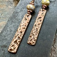 Copper Textured Earrings, Czech Glass Beads, Hypoallergenic Ear Wires, Earthy Rustic, Light Long Skinny Earrings, Boho Earthy Style