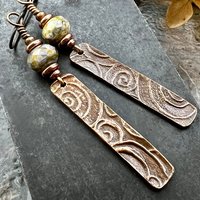 Copper Textured Earrings, Czech Glass Beads, Hypoallergenic Ear Wires, Earthy Rustic, Light Long Skinny Earrings, Boho Earthy Style