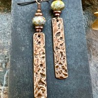 Copper Textured Earrings, Czech Glass Beads, Hypoallergenic Ear Wires, Earthy Rustic, Light Long Skinny Earrings, Boho Earthy Style