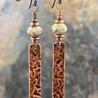 Copper Textured Earrings, Czech Glass Beads, Hypoallergenic Ear Wires, Earthy Rustic, Light Long Skinny Earrings, Boho Earthy Style
