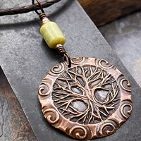 Celtic Tree of Life, Copper Pendant, Connemara Marble, Irish Celtic Spirals, Round Tree of Life, Crann Bethadh, Earthy Organic, Art Jewelry