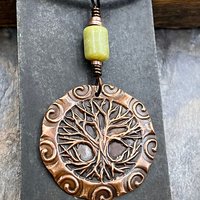 Celtic Tree of Life, Copper Pendant, Connemara Marble, Irish Celtic Spirals, Round Tree of Life, Crann Bethadh, Earthy Organic, Art Jewelry