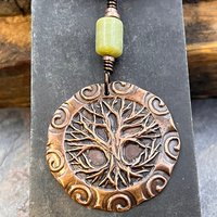 Celtic Tree of Life, Copper Pendant, Connemara Marble, Irish Celtic Spirals, Round Tree of Life, Crann Bethadh, Earthy Organic, Art Jewelry