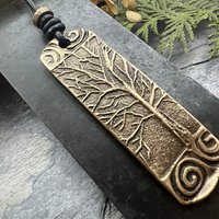 Tree of Life Bronze Pendant, Irish Celtic Jewelry, Long Tree Necklace, Celtic Spirals, Sliding Knot Leather Cord, Hand Carved Designs