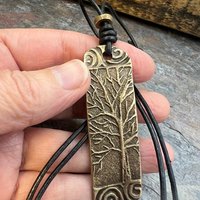 Tree of Life Bronze Pendant, Irish Celtic Jewelry, Long Tree Necklace, Celtic Spirals, Sliding Knot Leather Cord, Hand Carved Designs
