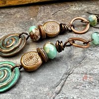 Copper Patina Spiral Earrings, Stacked Cairns, Spiral Beads, Czech Glass Beads, Hypoallergenic Ear Wires, Earthy, Arty Mismatched Earrings