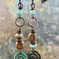 Copper Patina Spiral Earrings, Stacked Cairns, Spiral Beads, Czech Glass Beads, Hypoallergenic Ear Wires, Earthy, Arty Mismatched Earrings