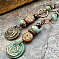 Copper Patina Spiral Earrings, Stacked Cairns, Spiral Beads, Czech Glass Beads, Hypoallergenic Ear Wires, Earthy, Arty Mismatched Earrings