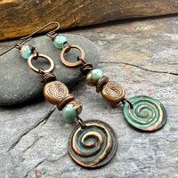 Copper Patina Spiral Earrings, Stacked Cairns, Spiral Beads, Czech Glass Beads, Hypoallergenic Ear Wires, Earthy, Arty Mismatched Earrings