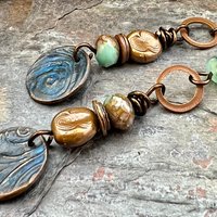 Copper Patina Spiral Earrings, Stacked Cairns, Spiral Beads, Czech Glass Beads, Hypoallergenic Ear Wires, Earthy, Arty Mismatched Earrings