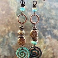 Copper Patina Spiral Earrings, Stacked Cairns, Spiral Beads, Czech Glass Beads, Hypoallergenic Ear Wires, Earthy, Arty Mismatched Earrings